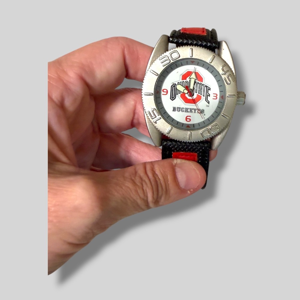 Ohio State Buckeyes Mens Watch Silver Tone Red Black Strap OSU Fan Gear